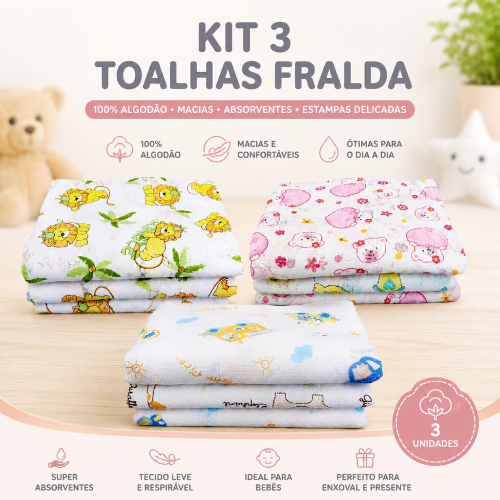 Kit Toalha Fralda 100% Algodão 3 Unidades Bebê Recém Nascido Menina Menino