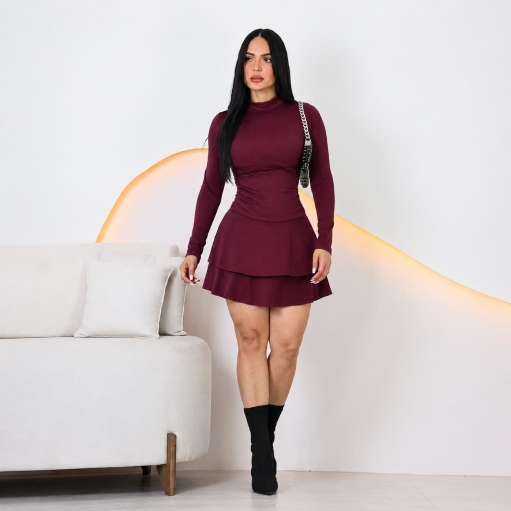 Vestido Feminino Curto Manga Longa Gola Alta Drapeado Lateral Babados Camadas Elegante Inverno Moda Feminina