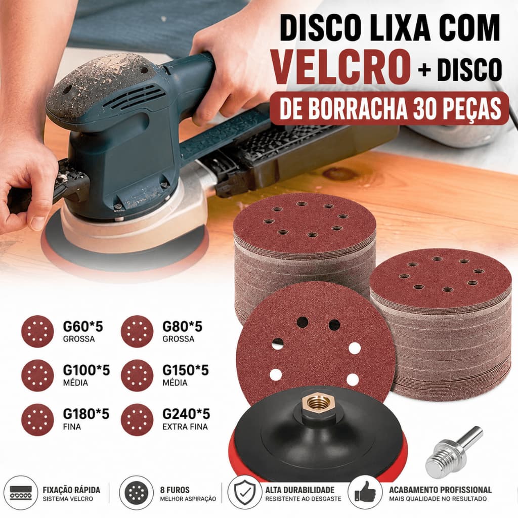 Kit 30 Discos de Lixa Orbital 125mm Grão 60 a 220 + Adaptador Velcro M14 Furadeira Parafusadeira