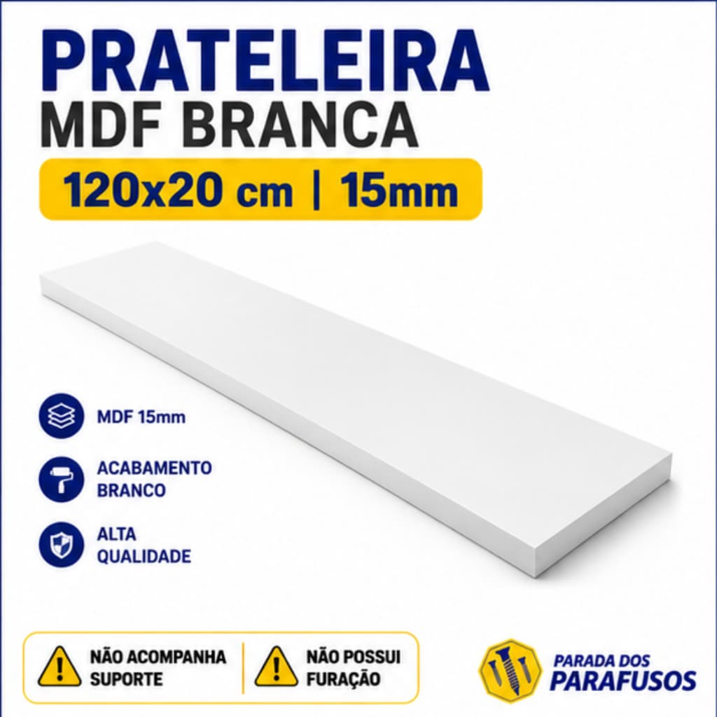 Prateleira MDF Branca 120x20cm 15mm Lisa Sem Furação Sem Suporte Nicho Decorativo Parede