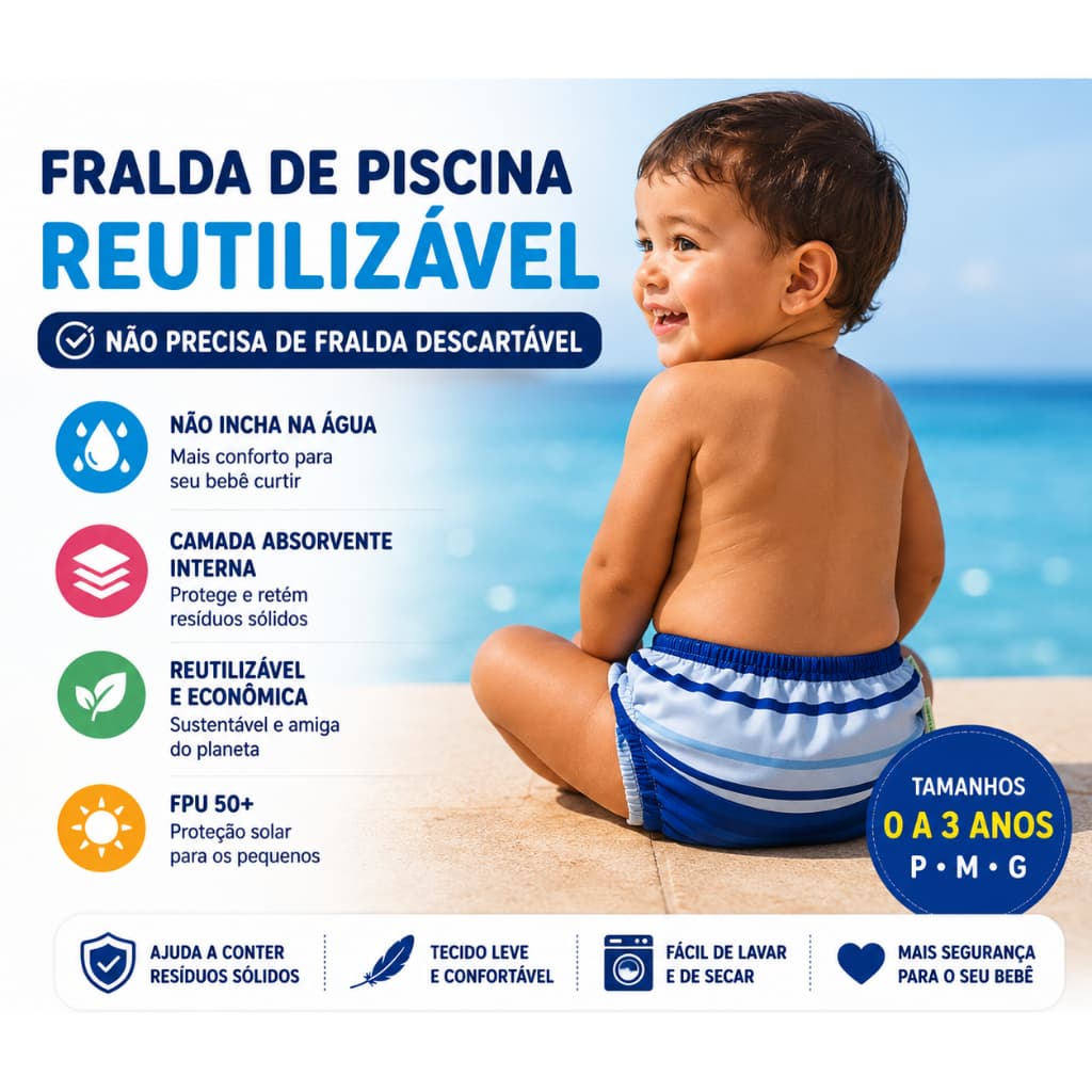 Fralda de Piscina Reutilizável Menino | Sunga Fralda | Dispensa Fralda Descartável | FPU 50+