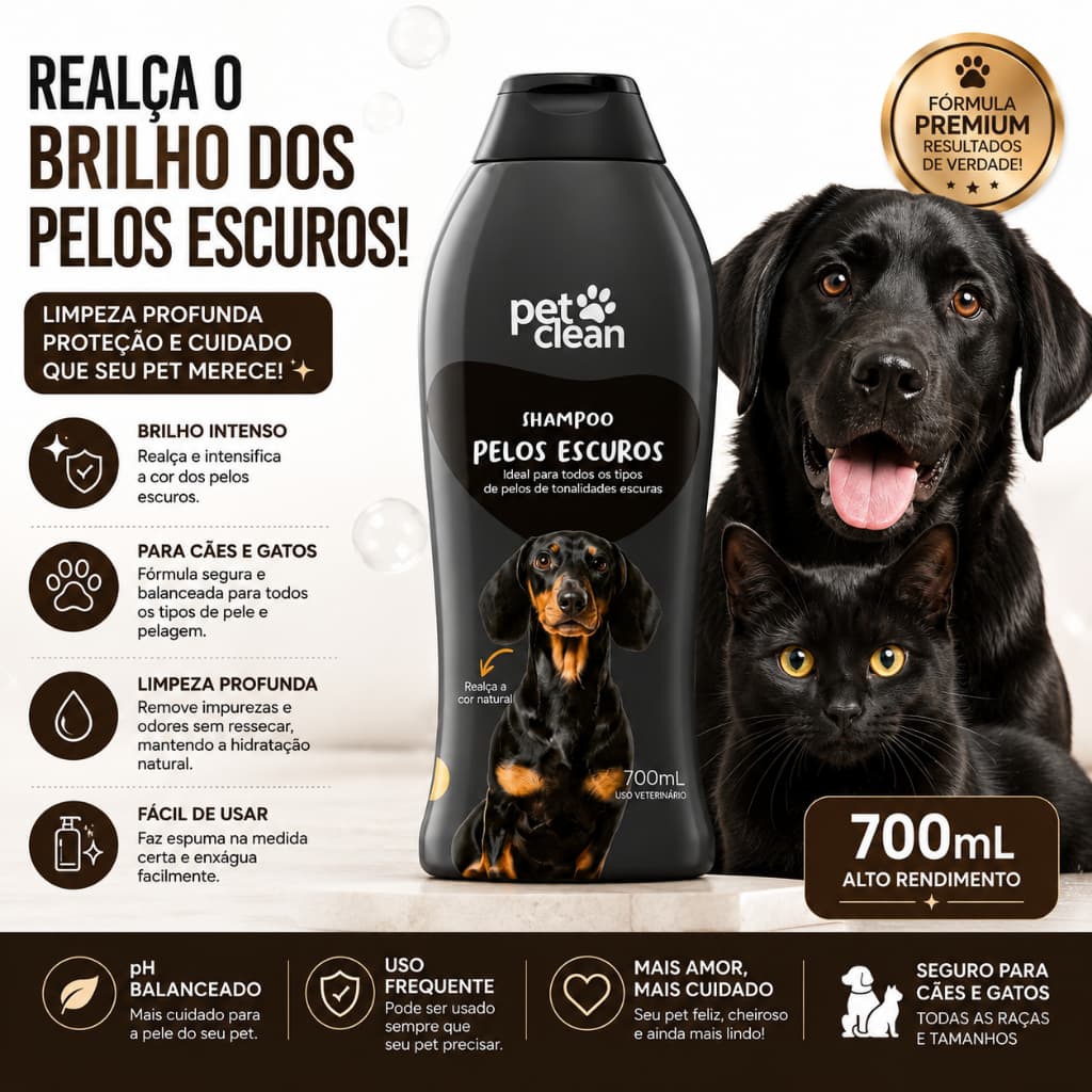 Shampoo Pet Pelos Escuros 700ml Pet Clean para Cães e Gatos | Brilho Intenso