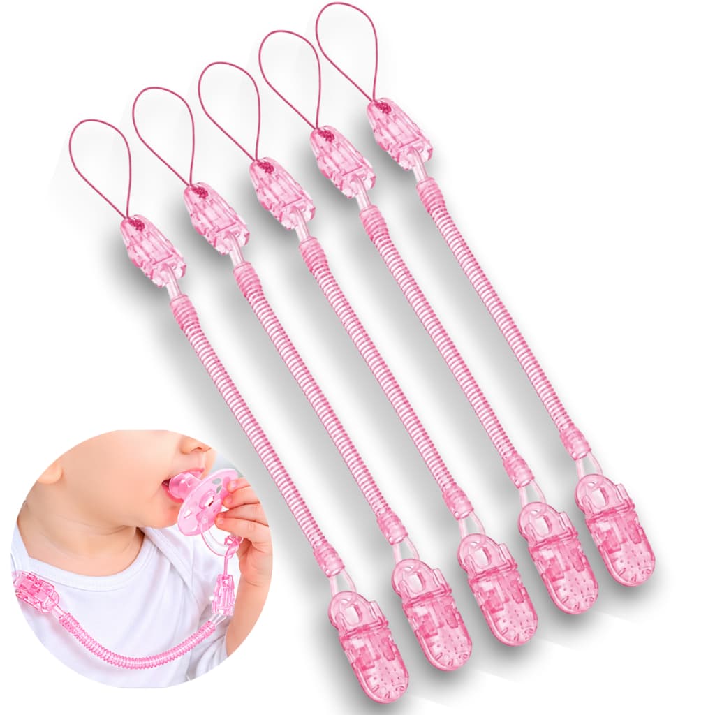 Prendedor Chupeta Crianca 5 Und Kit Pratico Antiqueda Evita Sujeira Mola Flexivel Bebe Recem Nascido
