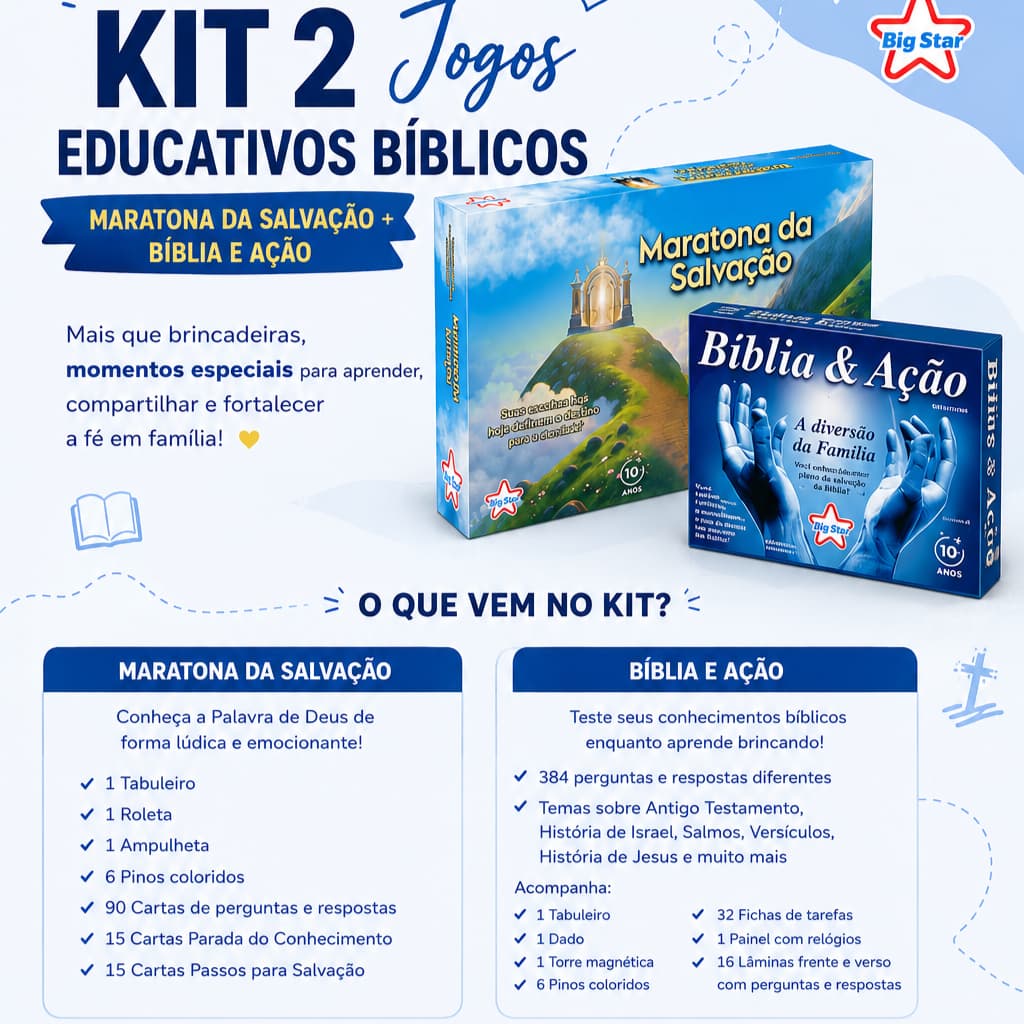 Kit Jogos de Tabuleiro Bíblico Educativo Maratona Da Salvação + Bíblia e Ação Big Star Cristão Família