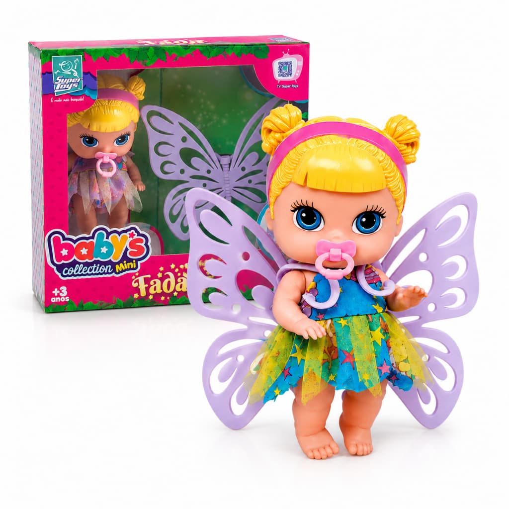 Boneca Babys Collection Mini Fada Com Acessórios Roupinha Asas Chupeta Articulada Fadinha SuperToys
