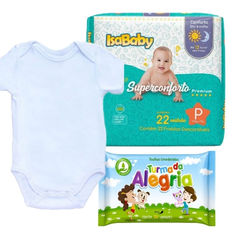 Kit chá de bebê Revelação Presente Fralda Isababy Premium + Lenço Umedecido + Body branco