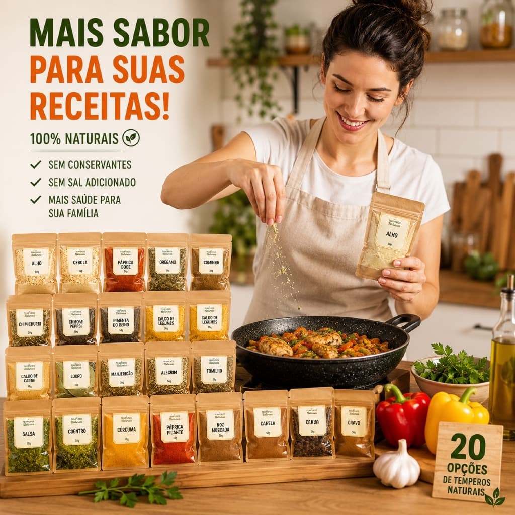 TEMPEROS E CONDIMENTOS KIT 20 UNIDADES NATURAIS SEM CONSERVANTES 50 GRAMAS CADA