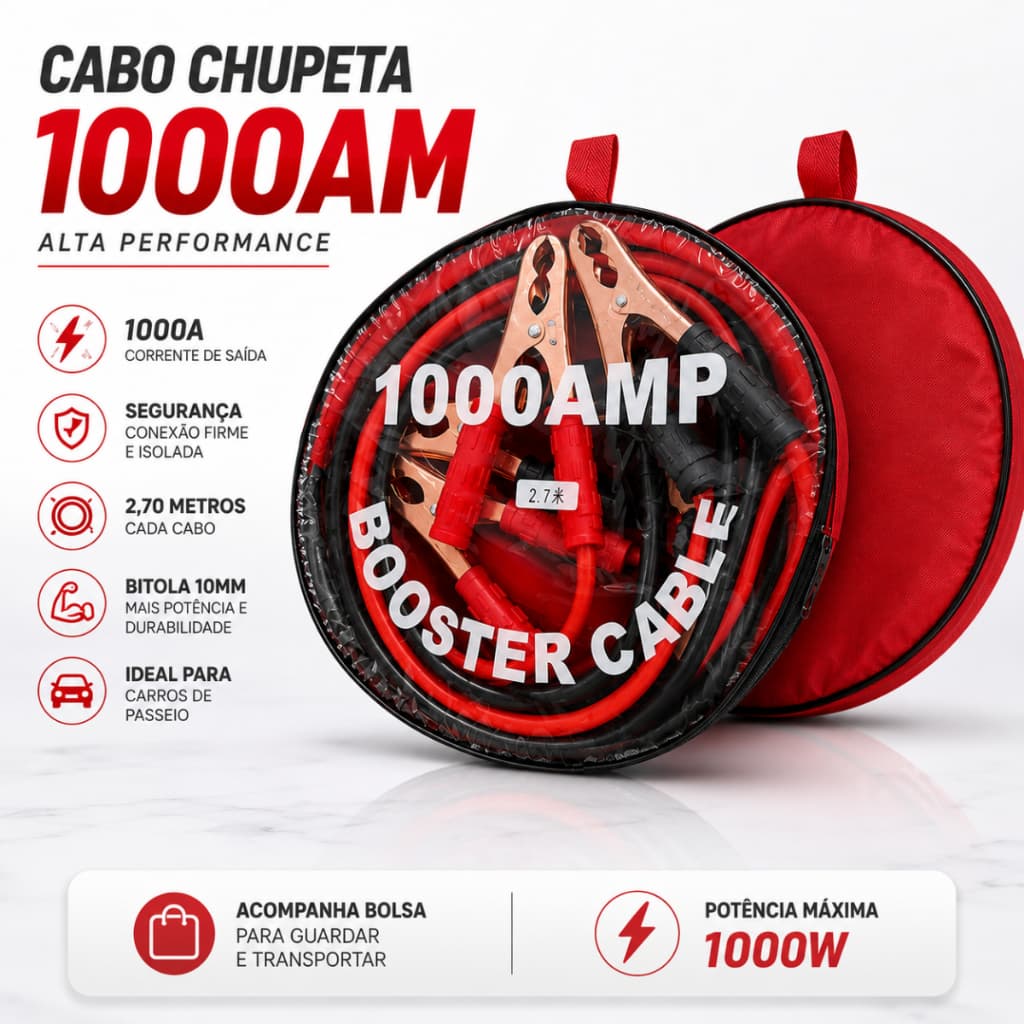 Cabo Chupeta 1000A Para Bateria Carro Moto 2,7m Transferência de Carga Com Garras Reforçadas Bolsa para Transporte