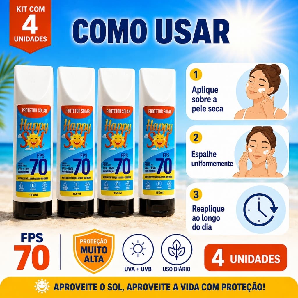 Kit 4 Protetor Solar FPS 70 – HAPPY SOL 150ml | Facial e Corporal Resistente à Água, TOQUE SECO