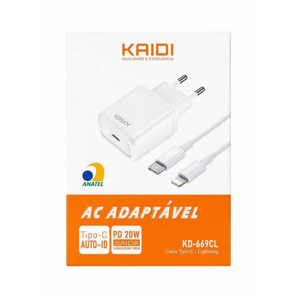 Carregador Para Iphone Completo Turbo Rápido PD 20W Saída Lightning Para Celular iPhone X ate 14 Pro Max  Kaidi