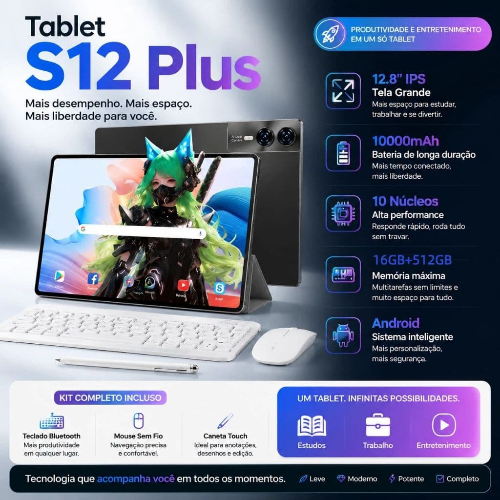 Combo with Keyboard and Mouse Tablet S12 Plus-12.8"inch 16GB+512GB Android 16 10000mAh Ideal for Studies and Games 5G
