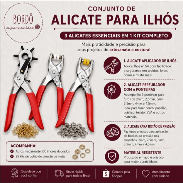 Kit Alicate Ilhós Completo Lanmax Furador Aplicador Botão Tic Tac + 100 Peças Artesanato Profissional