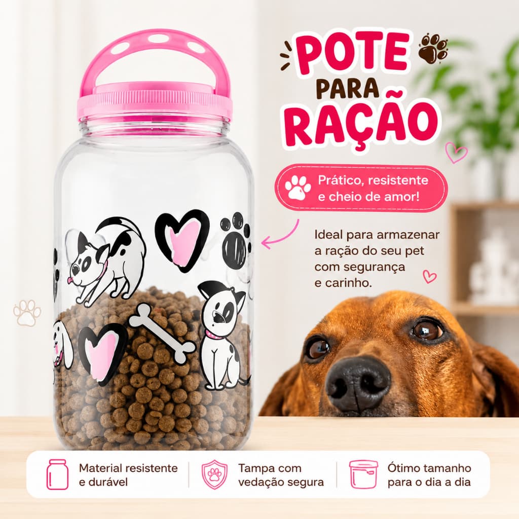 Pote para Ração Pet 3,6L com Tampa e Alça Porta Ração para Cachorro e Gato Organizador Hermético