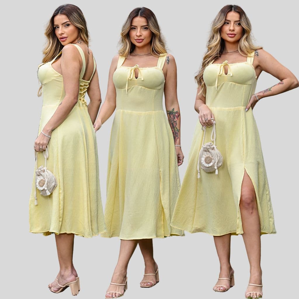 Vestido Midi Feminino Elegante Liso  Lastex nas Costas Tecido Duna Premium  Casual Festa