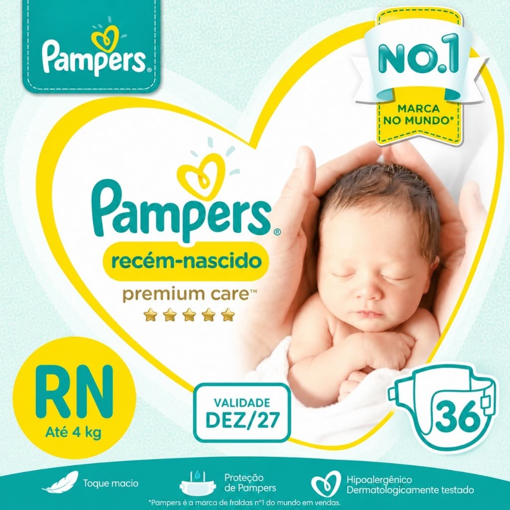 Fralda Pampers Premium Care RN 36 (Até 4Kg) – Toque Suave e Proteção Total