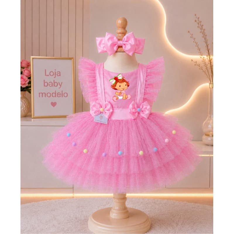 Romper Moranguinho Baby Morango Body Fantasia Vestido Salopete Infantil Bebê Menina Mesversario Aniversário