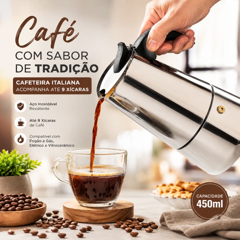 Cafeteira Italiana Inox Expresso Fogão a Gás ou Fogão de Indução