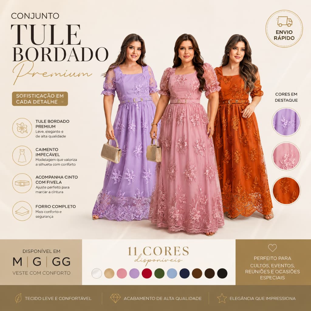 VESTIDO PRINCESA LONGO TULE BORDADO ARÁBE CASAMENTO BATIZADO FORMATURA MODA CRISTÃ EVANGÉLICA M e G