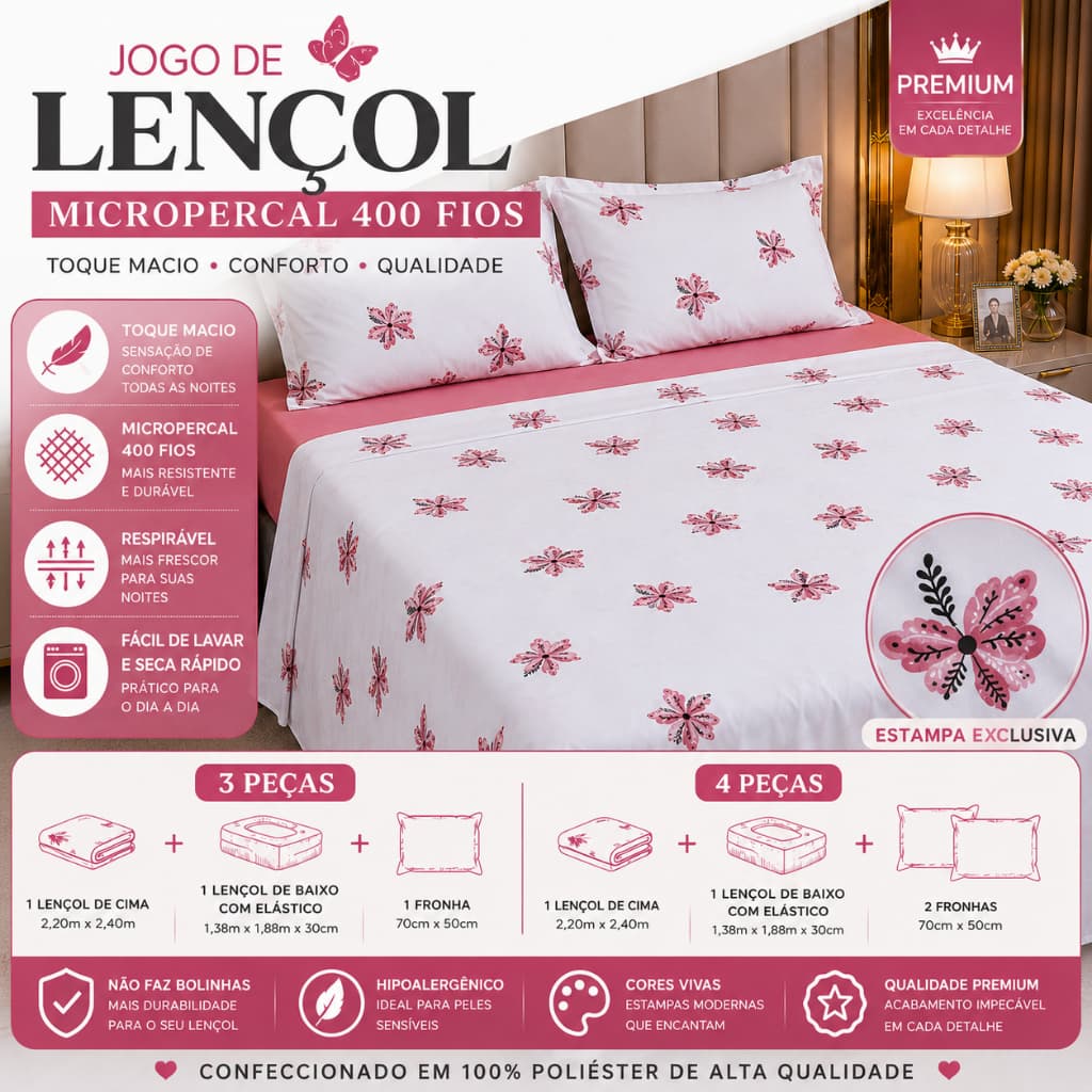 Jogo de Lençol Casal Micropercal 400 Fios - Solteiro ao King -2, 3 e 4 Pçs com Elástico Toque Macio Estampa Borboletas
