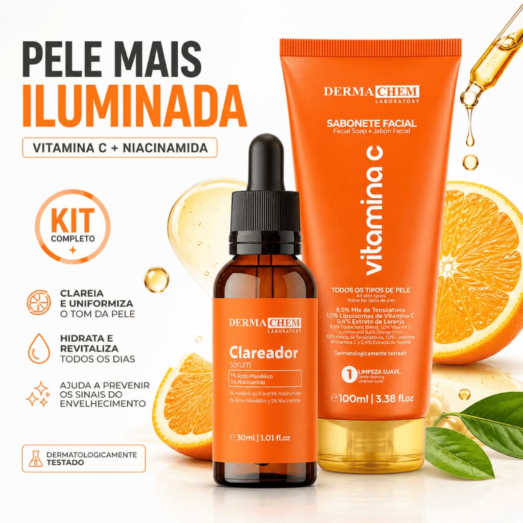 Kit Skincare Dermachem Vitamina C Sérum Clareador 30ml Sabonete Facial 100ml Anti Idade