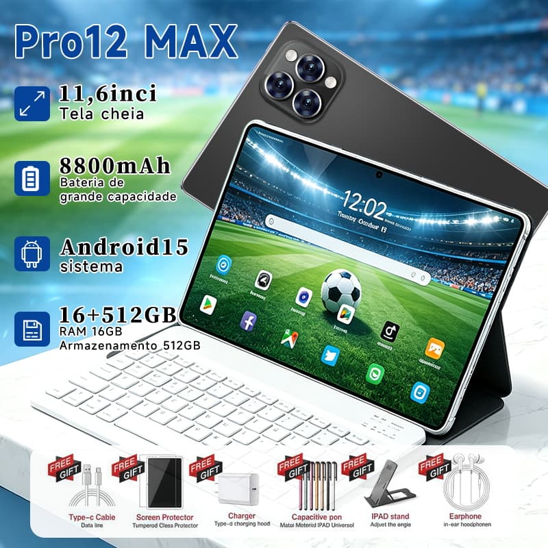 Tablet Pro12 MAX 11.6" FHD+ 12GB RAM 512GB Android 15 5G 8800mAh Tela BOE PureSound Dual Speakers — Ideal para Estudo