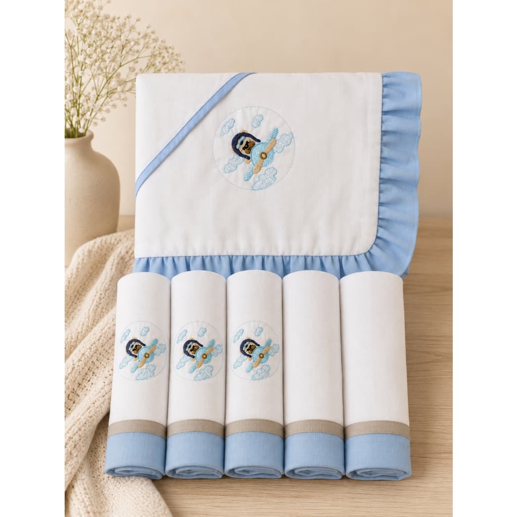 Kit Manta Bordada + 5 Fraldas de Boca Enxoval do Bebê Maternidade Passeios Amamentação Chá de Bebê