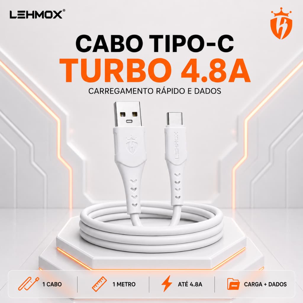 Cabo USB Tipo C Turbo Branco Carga Rápida Reforçado | Compatível com Celular Tablet iPad Android iOS iPhone Apple