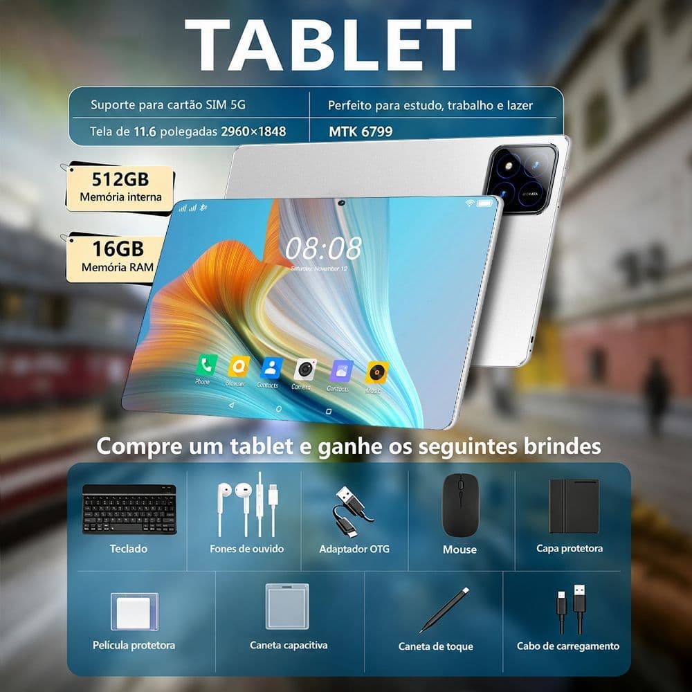 ZEENO Pad7 Pro Tablet HD 11,6 polegadas 16GB RAM 512GB ROM 5G Bluetooth GPS Android 15 | Teclado e Mouse Grátis