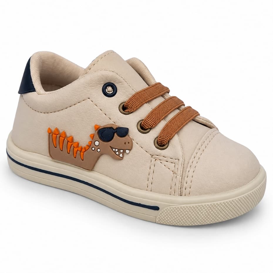 Tênis Infantil Menino Bege Dino Radical Confortável Passeio Confortável Leve Casual e Resistente