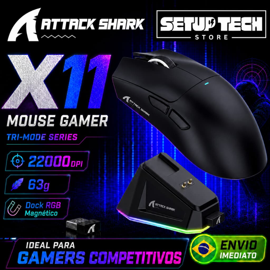 Attack Shark X11 Mouse Gamer Sem Fio, Tri-Mode, 22000DPI, RGB, Com Dock Magnético, Bluetooth, 2.4GHz