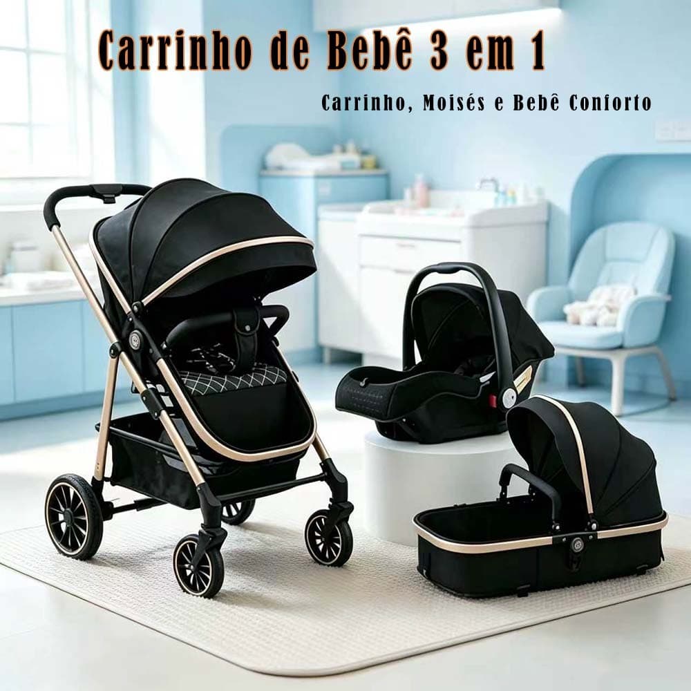 Carrinho 3 EM 1 Luxuoso Com Moisés e Bebe Conforto – Prático e Seguro，Essencial para mães！