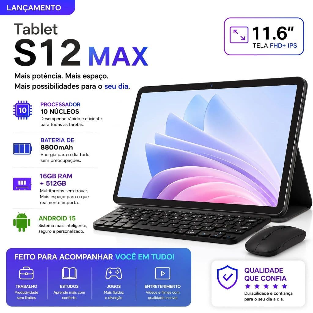 【Teclado e mouse gratuitos】Tablet S12 Max 11,6 polegadas 8800mA 16GB+512GB Android 5G Gaming Tablet - Promoção