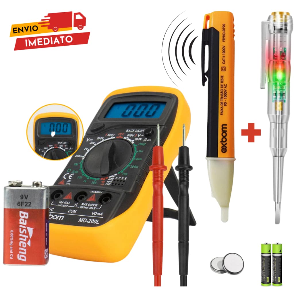 Kit 3 em 1 Multímetro Profissiona dígital + Chave Teste Tensão Voltagem + Chave fenda Teste Corrente