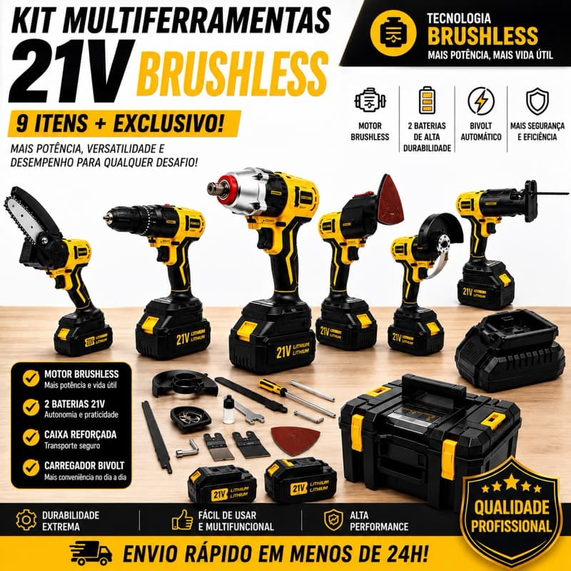 Kit Ferramentas 21V Completo 9 em 1 com Maleta + 2 Baterias + Chave de Impacto 21V