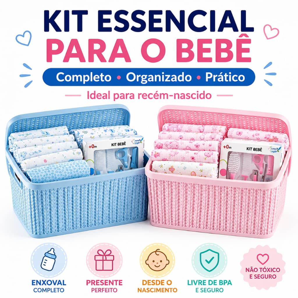 Kit Bebê Recém-Nascido Completo Caixa Organizadora Plasútil + 10 Fraldas + 3 Cueiros +Kit  Higiene