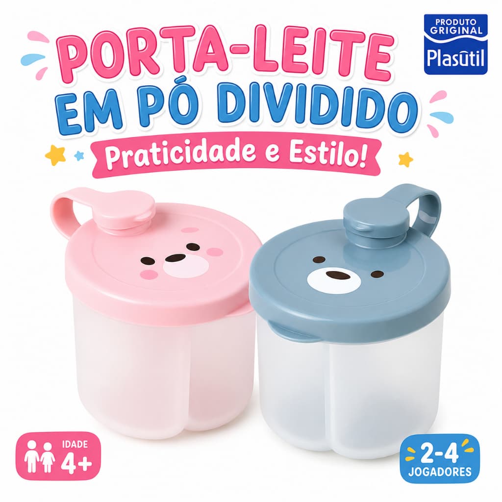 Porta Leite em Pó Dividido Plasútil Ursinho – Dosador Infantil com 3 Compartimentos BPA Free 🍼