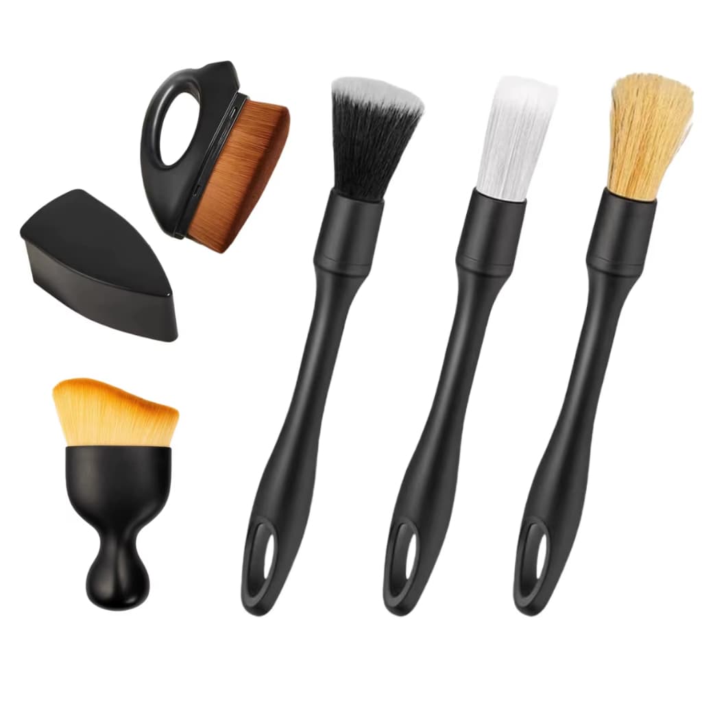 Kit 5 Escovas Detalhamento Automotivo Profissional Pincel Cerdas Javali Limpeza Interna Externa Carro Moto