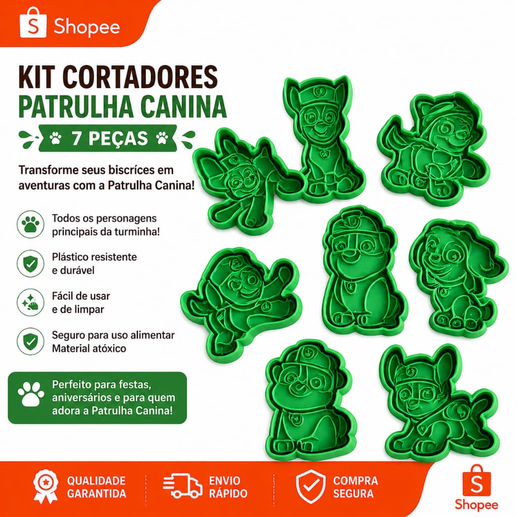 Cortador de Biscoito Patrulha Canina – Molde Temático para Cookies e Confeitaria Massinha de Modelar