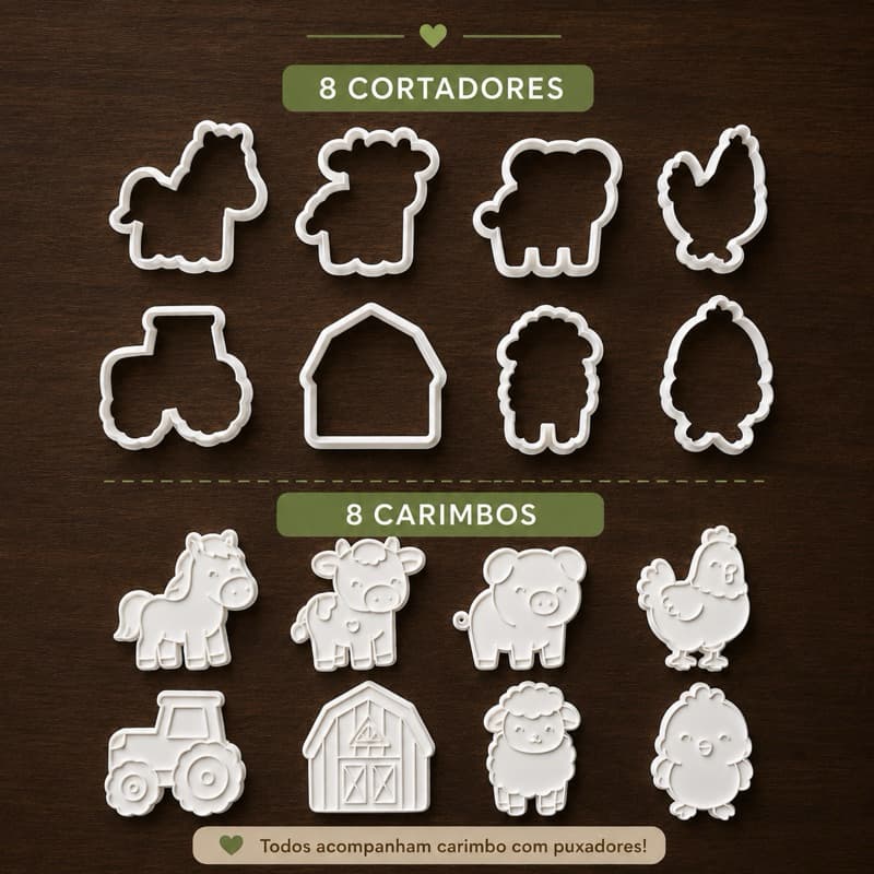 Cortadores com Carimbos + Puxadores Fazendinha para Cookies, Biscoitos, Pasta Americana, Massinha de Modelar e Artesanat