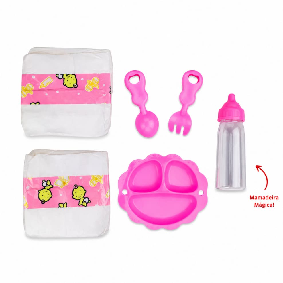 Kit Para Boneca Mamadeira Prato Colher Garfo Fraldas Acessórios Bebê Brinquedo Infantil
