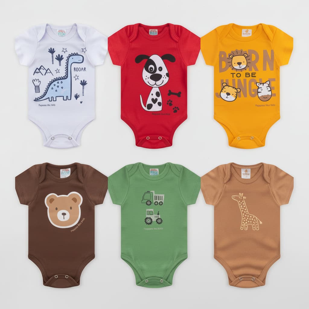Kit 5 Body manga curta bebe verão estampadas para menino menina