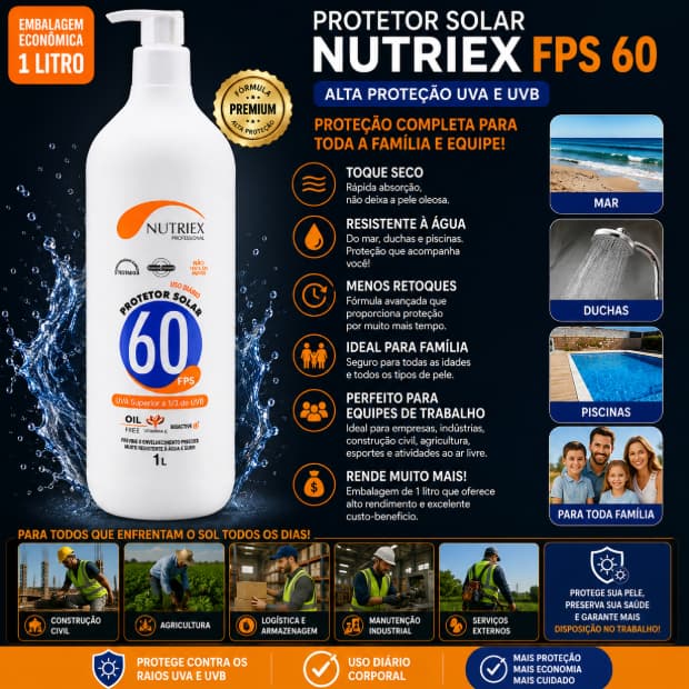 Protetor Solar Nutriex FPS 60 1 Litro Proteção UVA UVB Corporal Resistente à Água Toque Seco