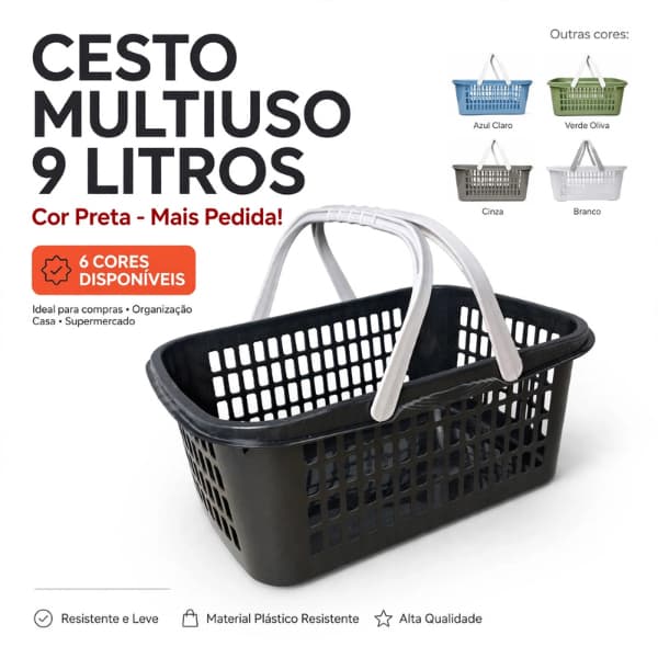 Cesto Plástico Organizador 9 Litros Multiuso com Alça Lavanderia Banheiro Closet Mercado Loja
