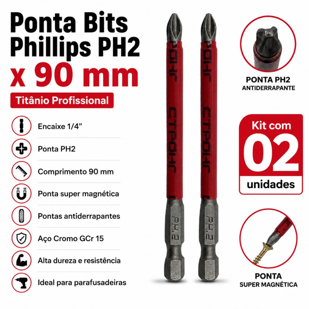 Jogo Bits Com imã PH2x90MM Usado em Parafusadeira ou Furadeira - 2UNI