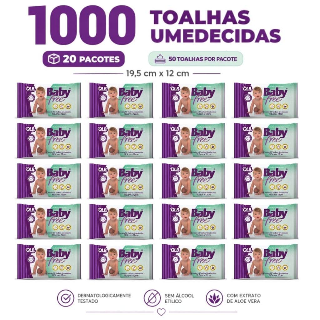 Caixa com 20 Lenços/Toalhas Umedecidas Baby Free c/ 50 Unidades Cada