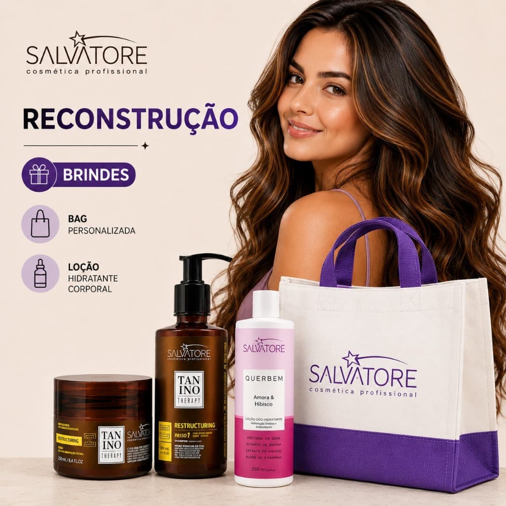 Kit Reconstrução Cabelos Danificados- Shampoo Máscara Salvatore Restructuring + Bag Personalizada e  Hidratante corporal