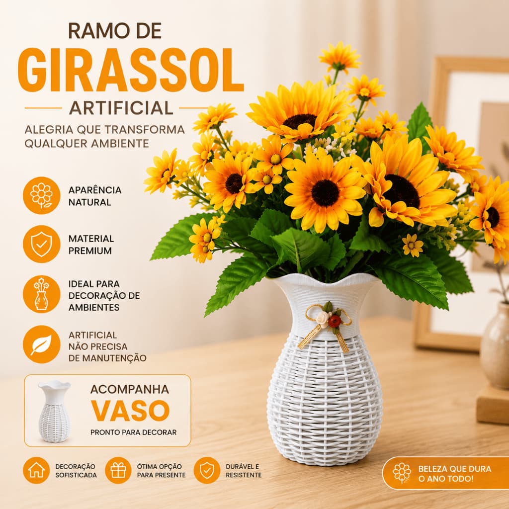 Arranjo Flores Girassol Artificial com Vaso Decorativo 1 Ramo Flores Artificiais para Sala e Mesa