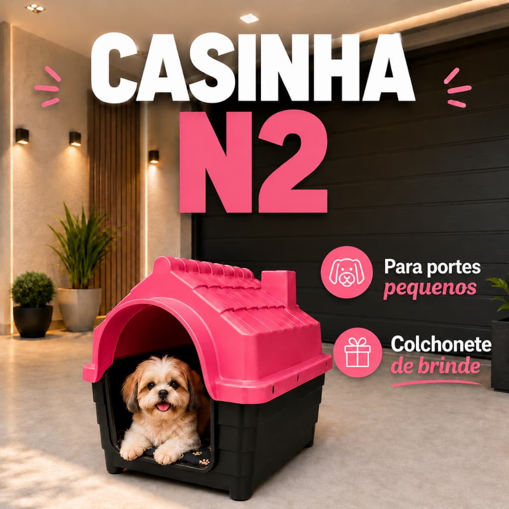 Casinha Cachorro Plástica Desmontável N2 Porte Pequeno Rosa com Proteção Raios UV Casa Pet