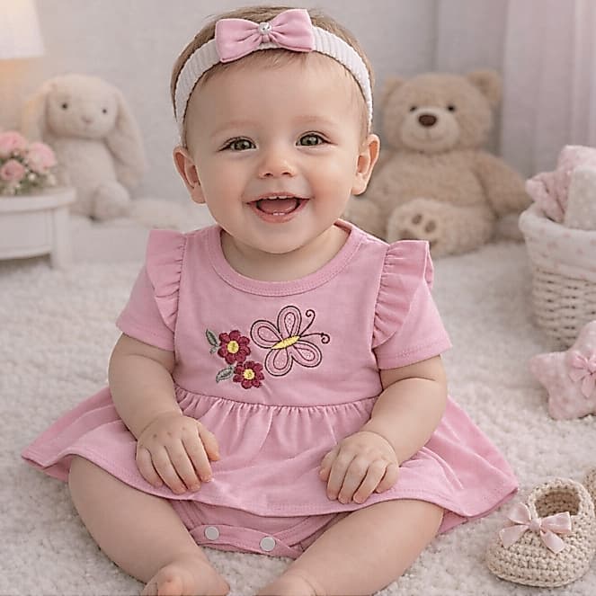 Body Saia Bebê Menina Borboleta Bordada com Faixa de Cabelo Recém Nascisda 0 a 3 meses Confortável