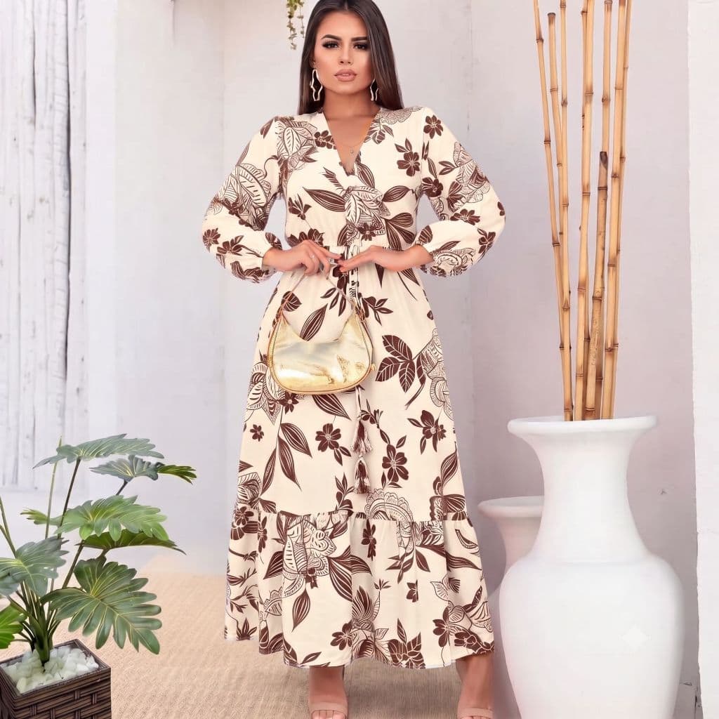 Vestido Feminino Longo Estampado Tecido duna e crepinho